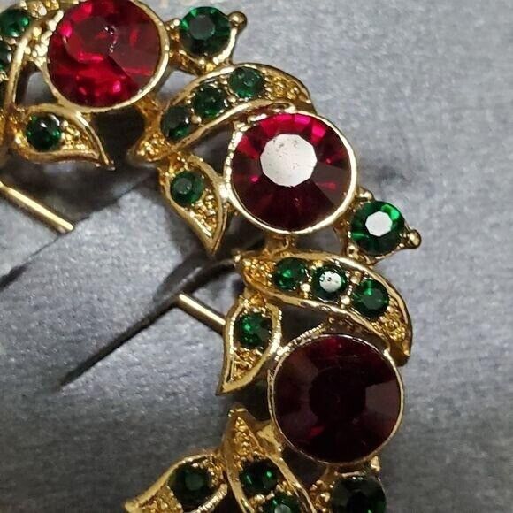 Monet gold tone red and green rhinestone brooch - Picture 3 of 5